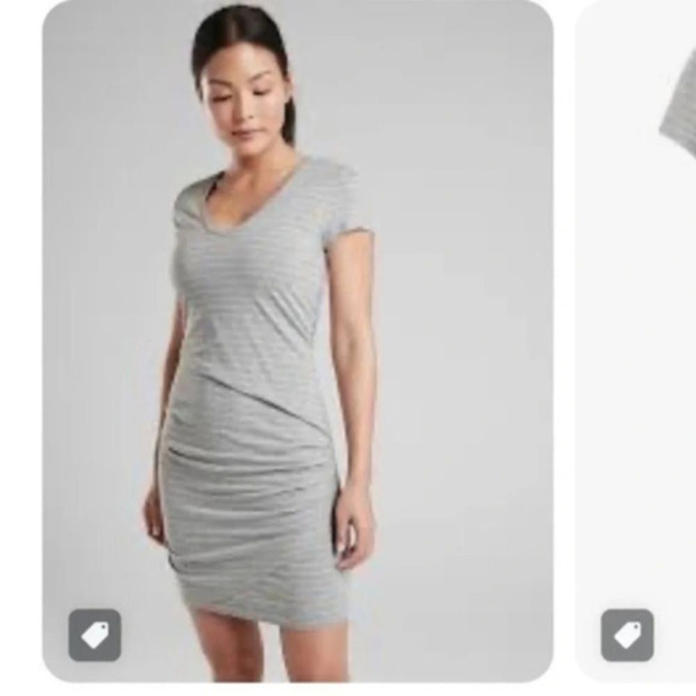 Athleta Knee Length Casual Striped Dresses small gray and white stripe midi